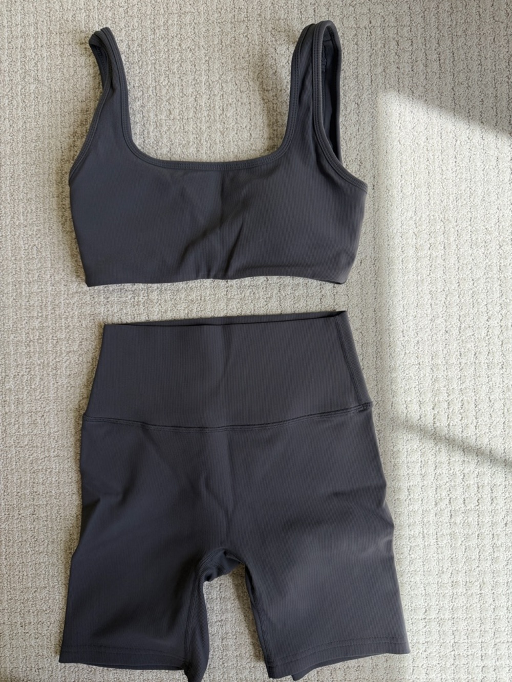 Raeya Fit Charcoal Gray Ribbed Sports Bra & High-Waist Bike Short Workout Set